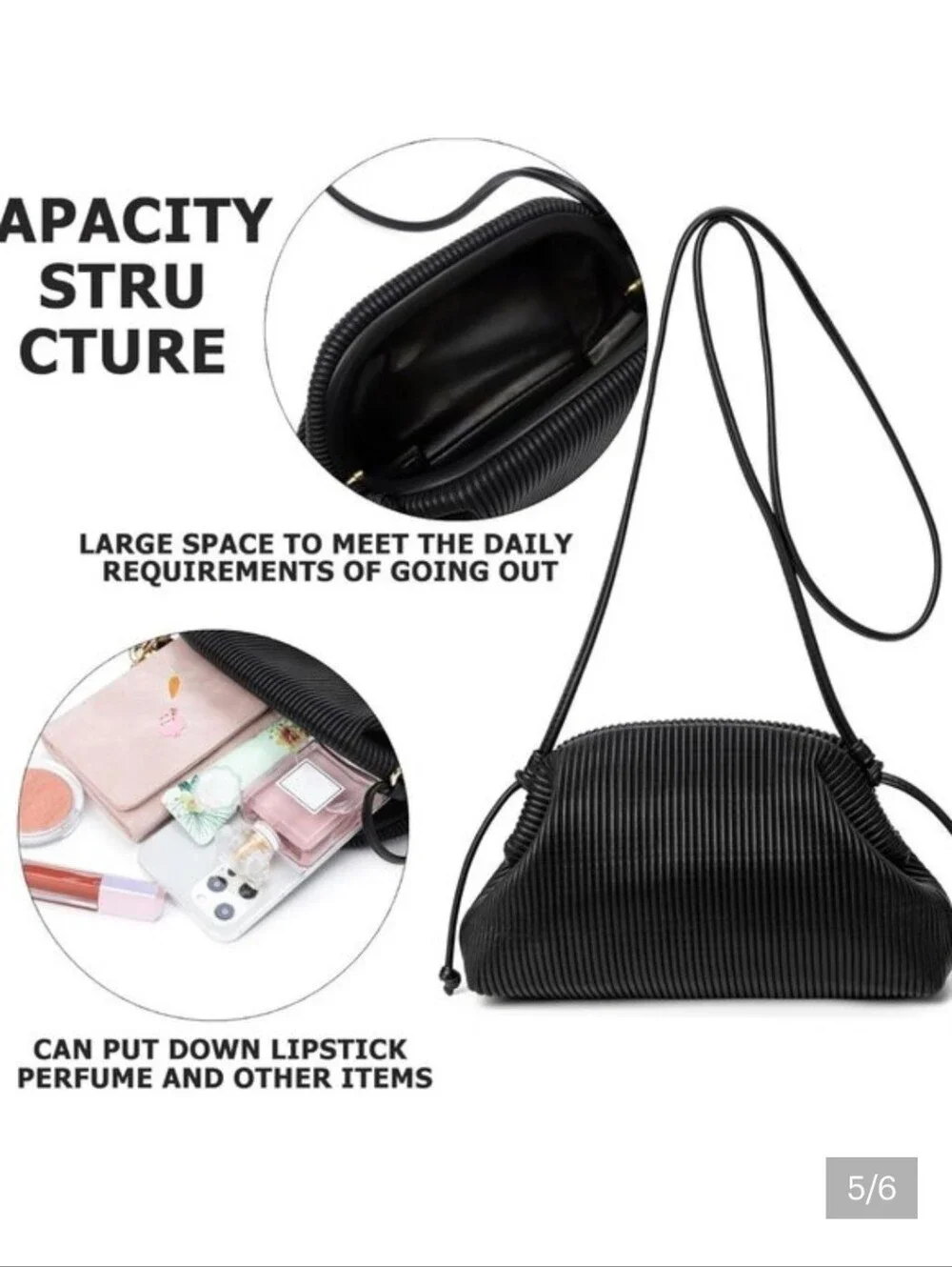 KingTo Black Ribbed Vegan Leather Cloud Crossbody Bag